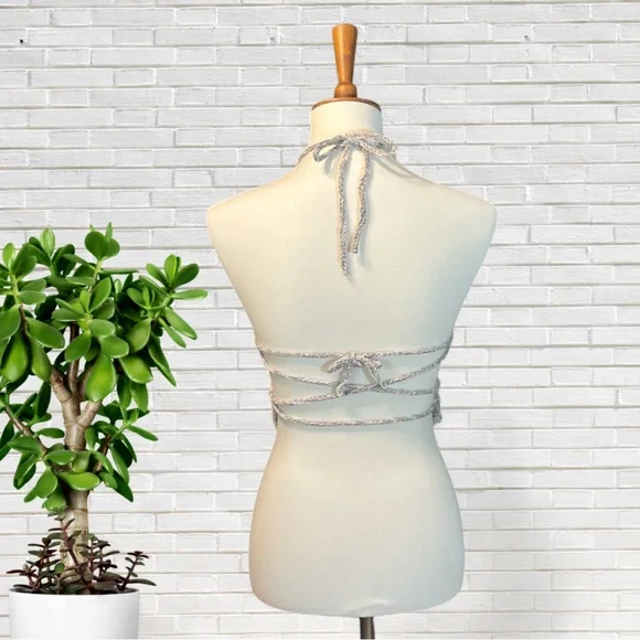 Handmade Grey Halter Top with Flower Design Crocheted Festival Tankini - Picture 2 of 7